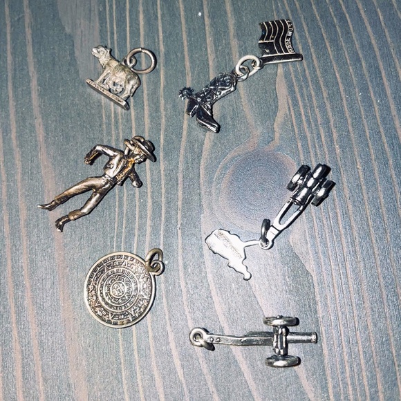 Set 6 western dancer, boot, cannon, cow, aztec silver charms most sterling mark - Picture 1 of 2